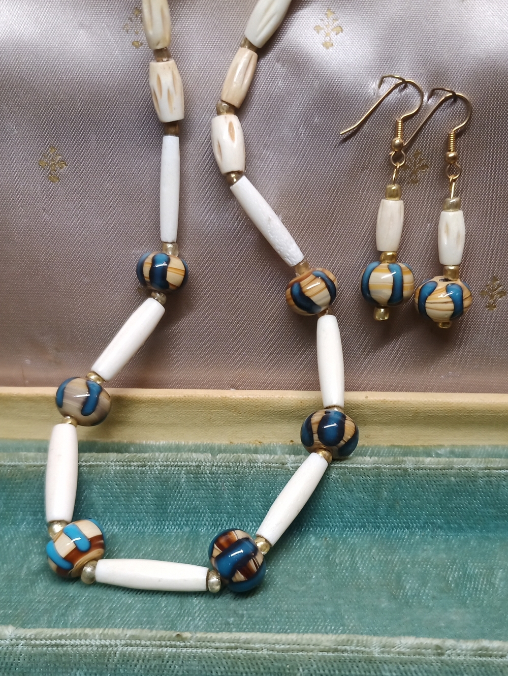 Handcrafted Porcelain And Carved Bone White and Teal Bead Necklace & Earring Set